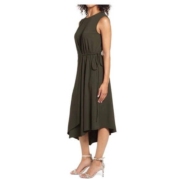 Maggy London Asymmetrical Drape Midi Dress In Olive 2 NWT - Picture 14 of 15